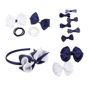 French Toast Kid’s School Uniform Bow Clips, Headband and Ponytail Holders, 4-pack, Navy Blue & White, One Size